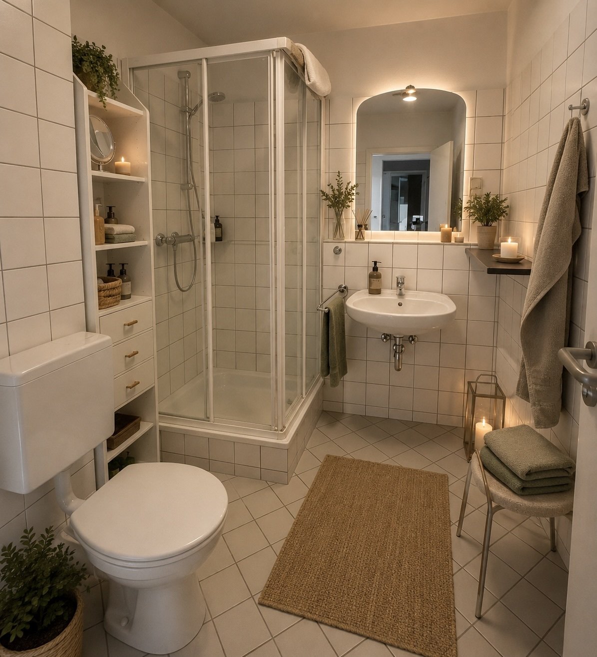 Modernes Badezimmer mit begehbarer Dusche und praktischen Stauraum-Lösungen Modernes Badezimmer mit begehbarer Dusche und praktischen Stauraum-Lösungen
