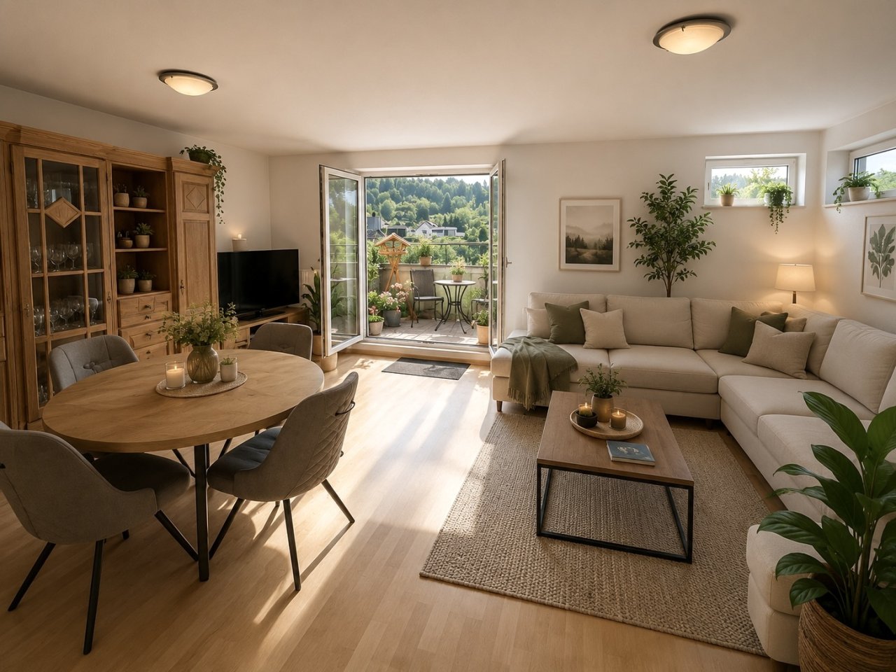 Wohn- und Essbereich mit direktem Terrassenzugang und Panoramablick Wohn- und Essbereich mit direktem Terrassenzugang und Panoramablick