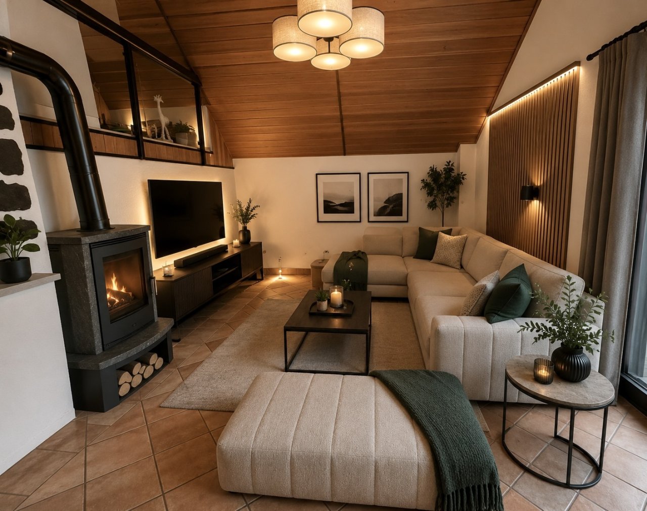 Wohnzimmer mit Kaminofen und hochwertiger Holzdecke Wohnzimmer mit Kaminofen und hochwertiger Holzdecke