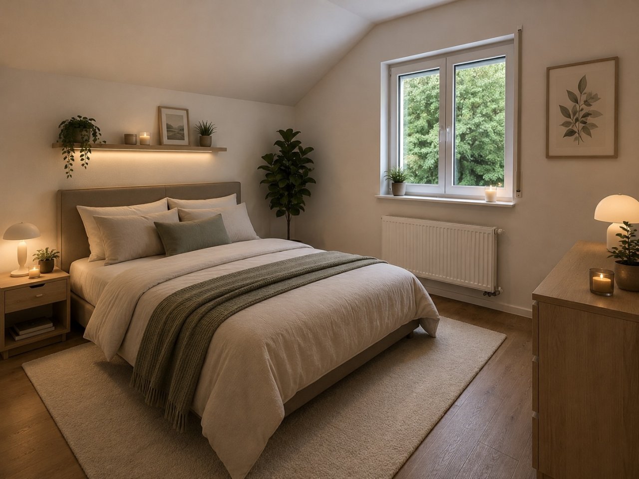Helles Schlafzimmer unterm Dach mit großflächigem Fenster und praktischer Wärmeregelung Helles Schlafzimmer unterm Dach mit großflächigem Fenster und praktischer Wärmeregelung