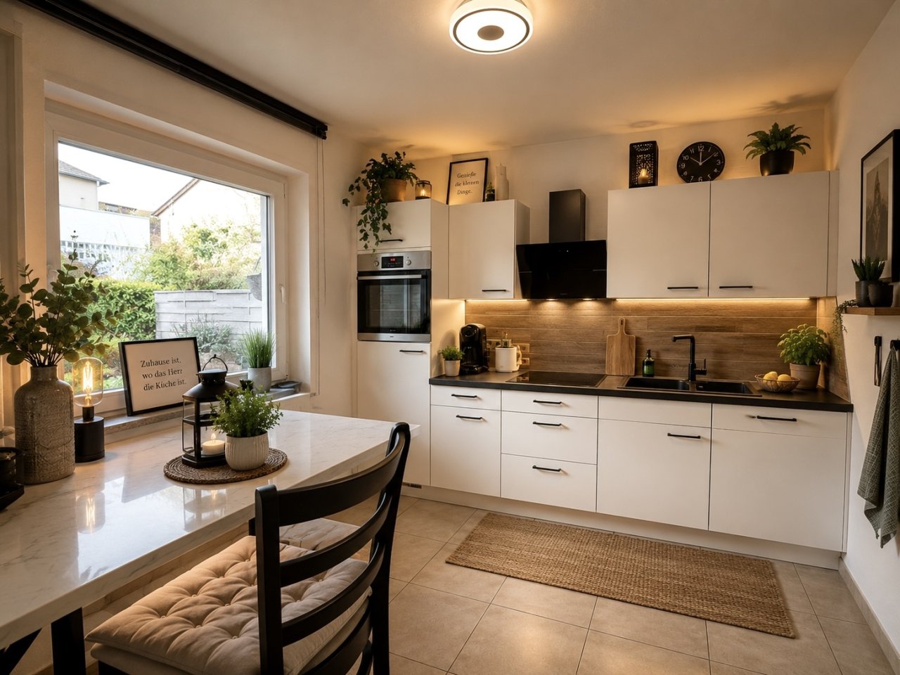 Moderne Küche mit integriertem Essbereich und direktem Terrassenzugang
