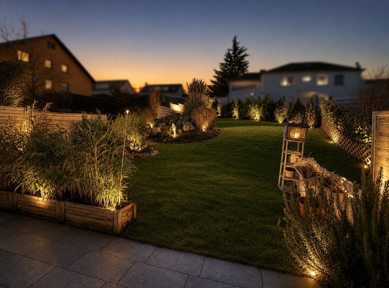 Gartenanlage mit professioneller Beleuchtung und großzügigen Freiflächen