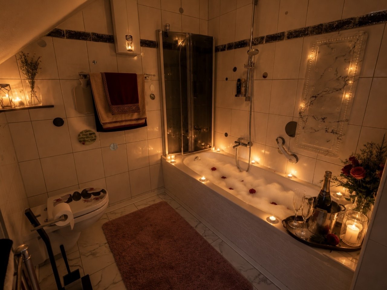 Luxuriöses Badezimmer mit ebenerdiger Dusche und Whirlpool-Wanne