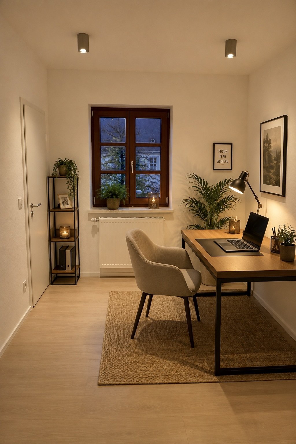 Helles Arbeitszimmer mit großzügigem Fenster und praktischer Raumaufteilung Helles Arbeitszimmer mit großzügigem Fenster und praktischer Raumaufteilung