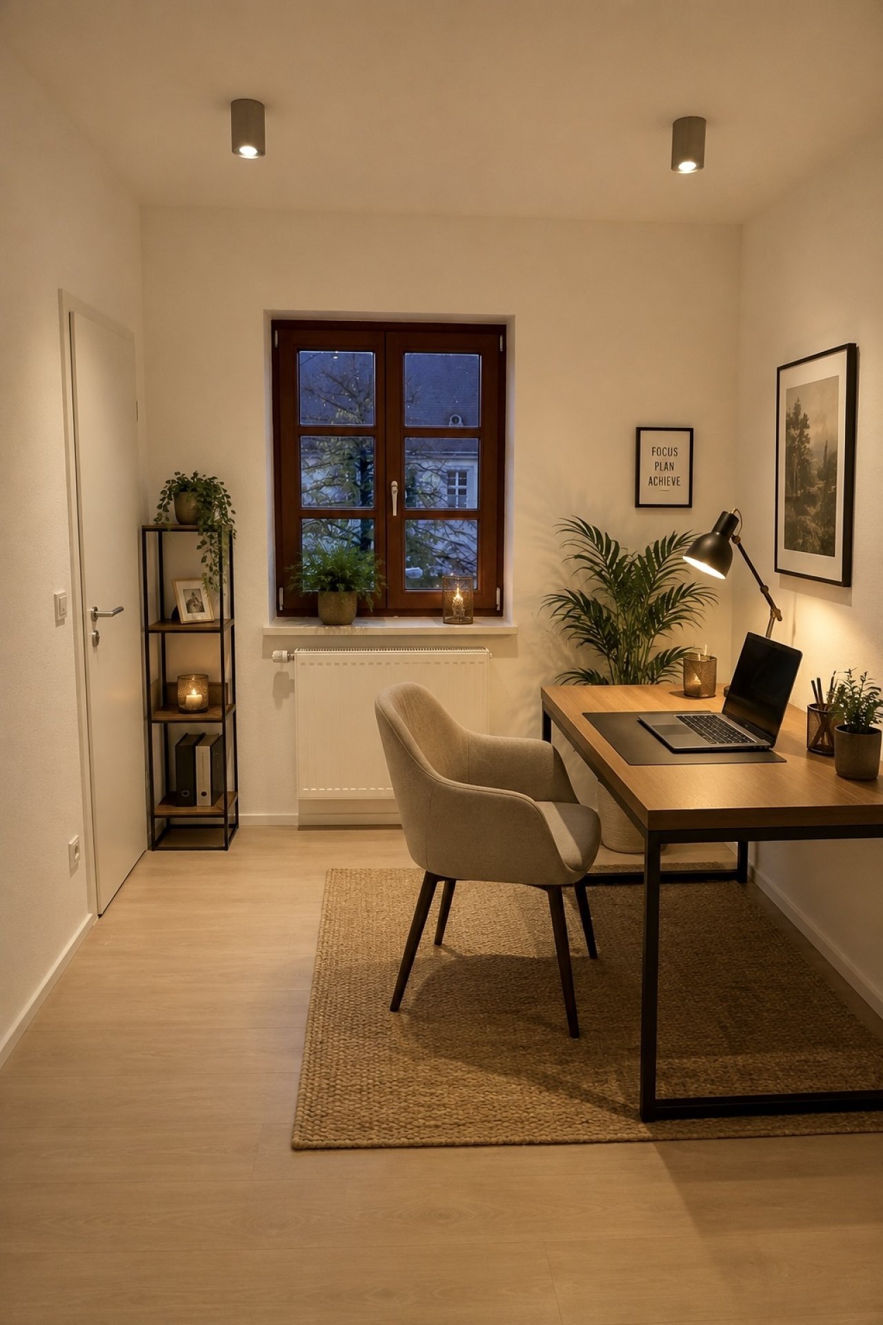 Helles Arbeitszimmer mit großzügigem Fenster und praktischer Raumaufteilung Helles Arbeitszimmer mit großzügigem Fenster und praktischer Raumaufteilung