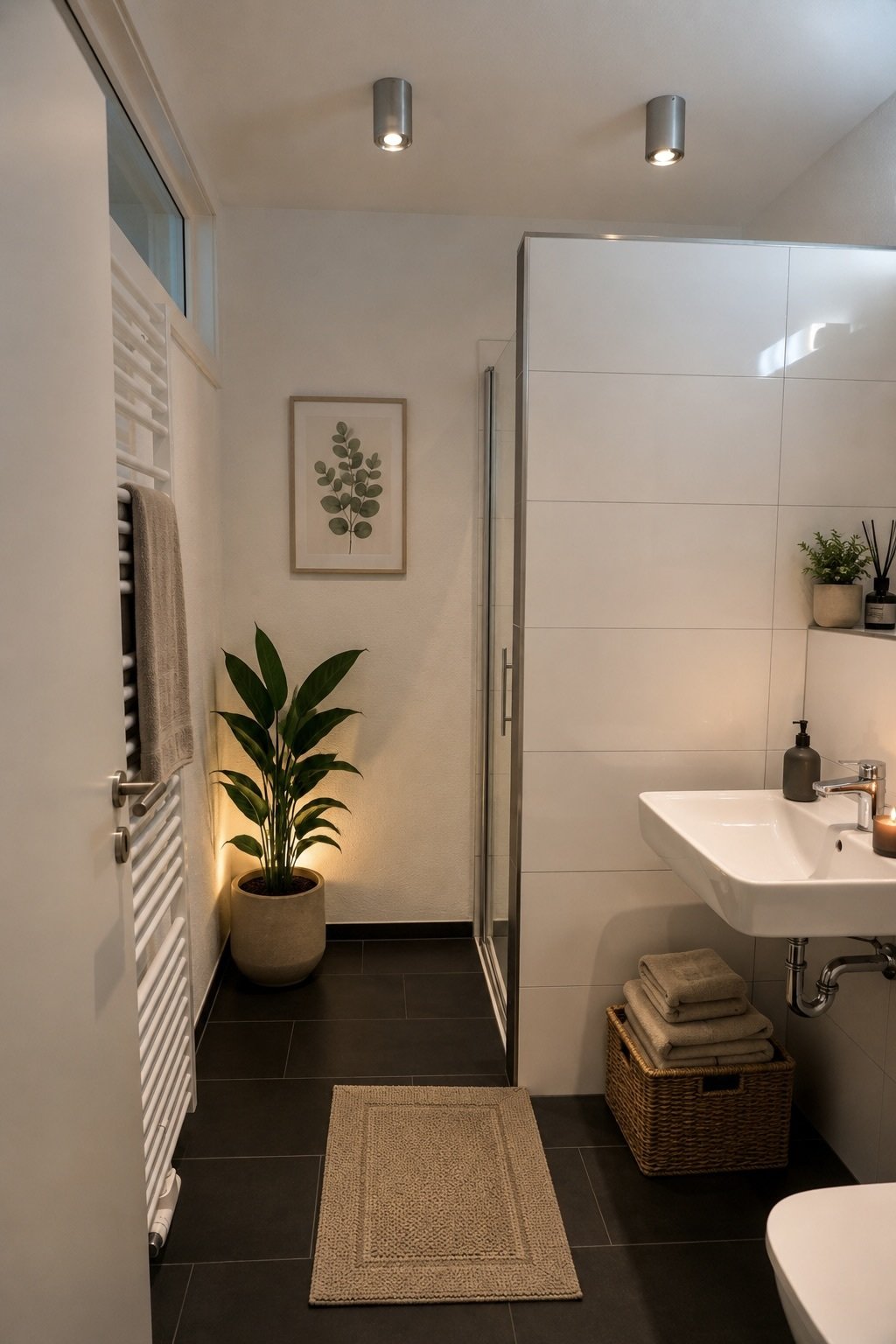 Modernes Badezimmer mit bodengleicher Dusche und praktischer Ausstattung Modernes Badezimmer mit bodengleicher Dusche und praktischer Ausstattung