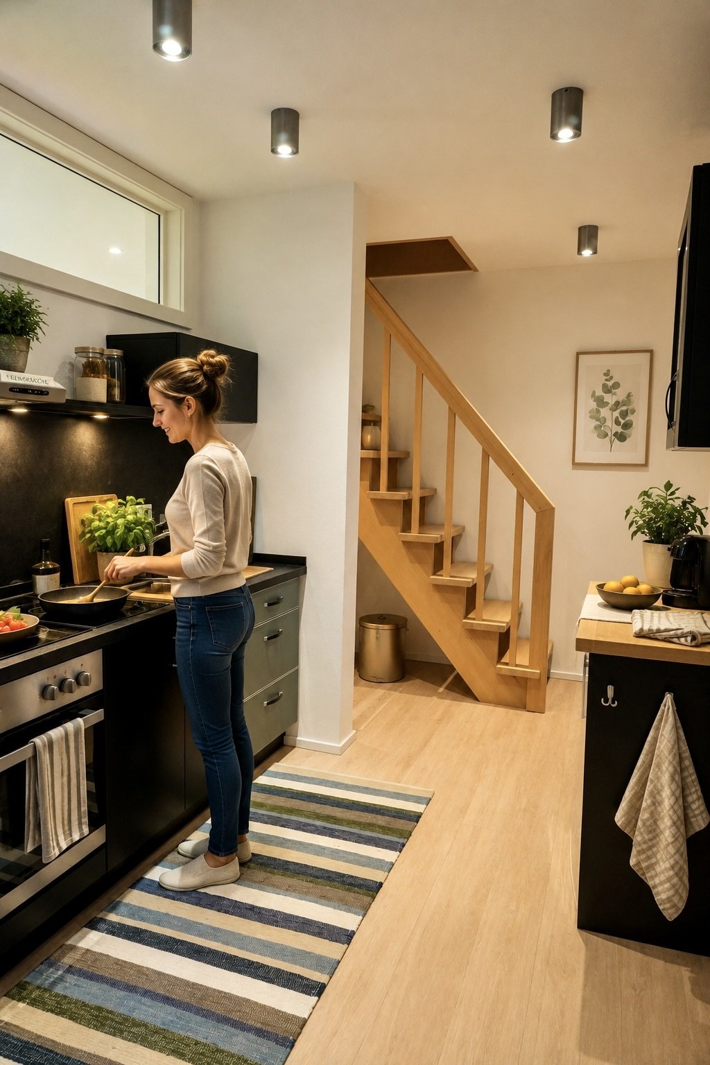 Moderne Küche mit intelligenter Raumnutzung und integriertem Stauraum unter der Treppe Moderne Küche mit intelligenter Raumnutzung und integriertem Stauraum unter der Treppe