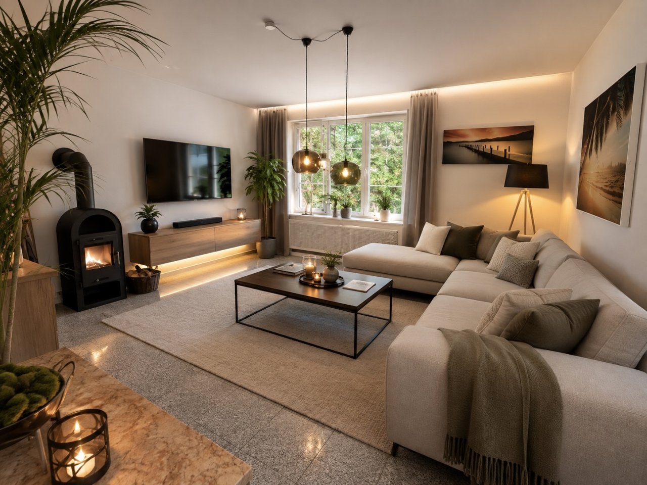 Wohnzimmer mit Kaminofen und großzügigen Fensterfronten
