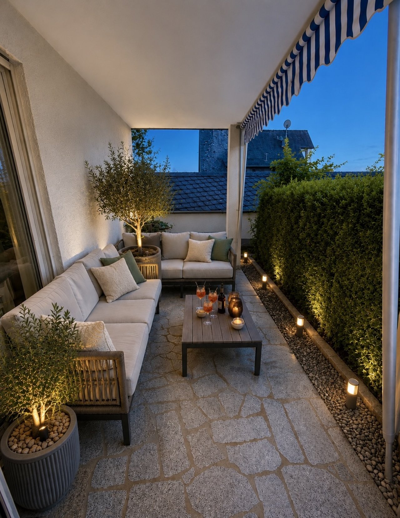 Überdachte Terrasse mit integrierter Beleuchtung und Sichtschutz