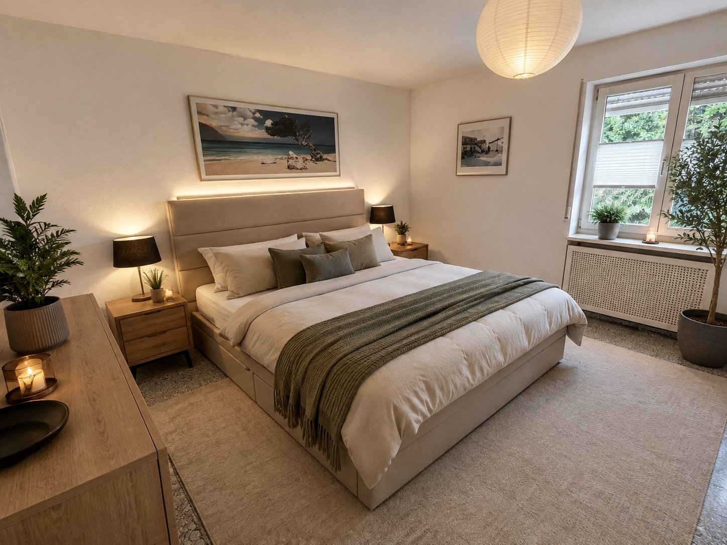 Hauptschlafzimmer mit großflächigen Fenstern und indirekter Beleuchtung
