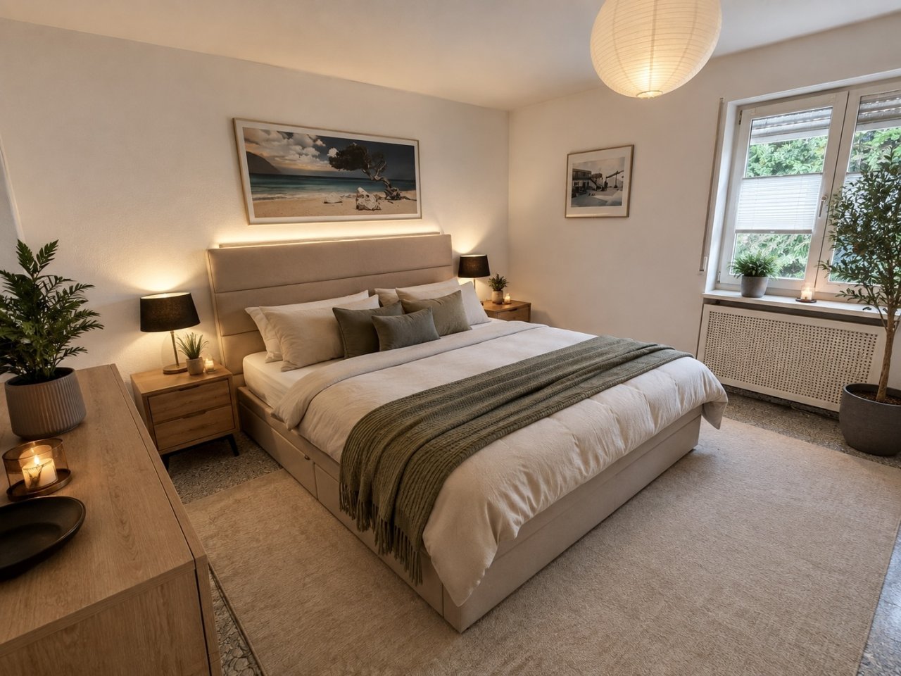 Hauptschlafzimmer mit großflächigen Fenstern und indirekter Beleuchtung