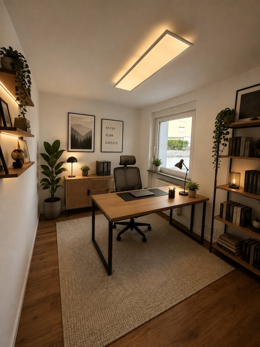 Helles Arbeitszimmer mit moderner LED-Deckenbeleuchtung und Fensterfront Helles Arbeitszimmer mit moderner LED-Deckenbeleuchtung und Fensterfront