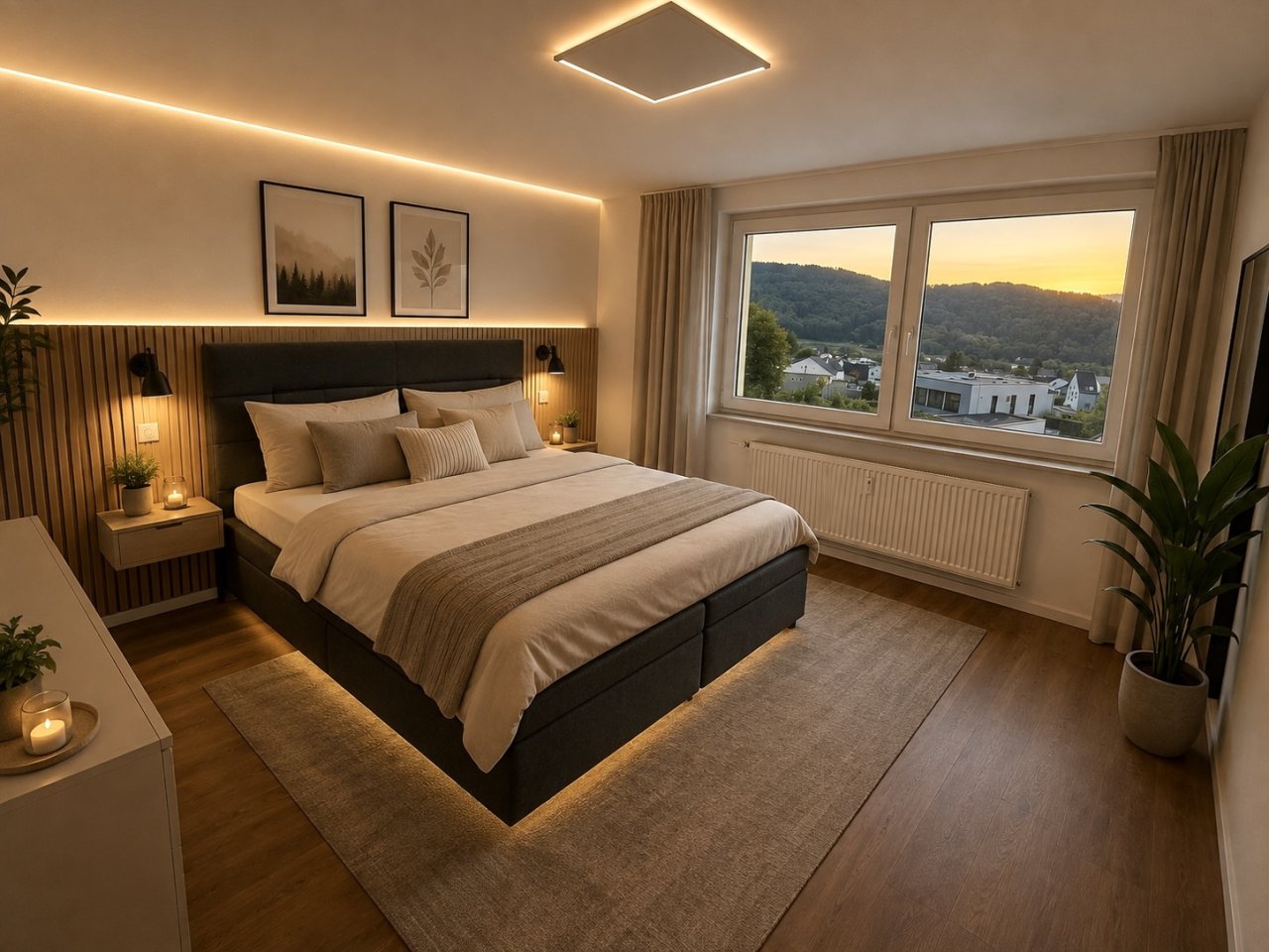 Schlafzimmer mit Panoramafenstern und indirekter LED-Beleuchtung Schlafzimmer mit Panoramafenstern und indirekter LED-Beleuchtung