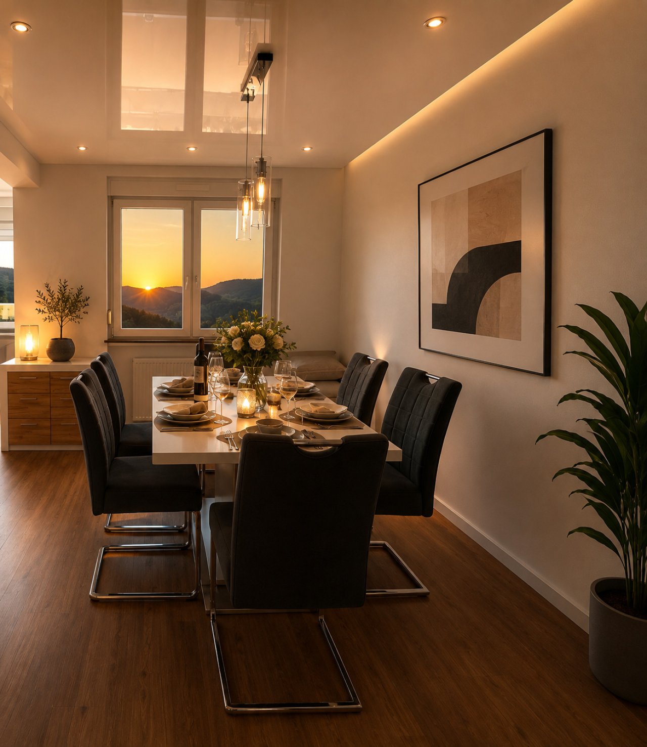 Elegantes Esszimmer mit Panoramablick und indirekter Deckenbeleuchtung Elegantes Esszimmer mit Panoramablick und indirekter Deckenbeleuchtung