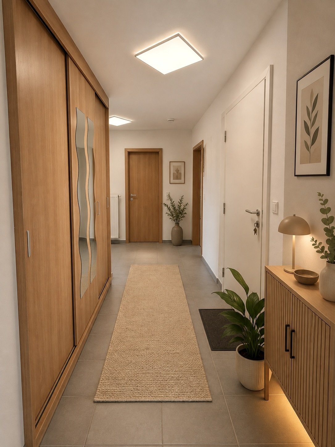 Funktionaler Flur mit intelligenter Raumnutzung und hochwertiger LED-Deckenbeleuchtung Funktionaler Flur mit intelligenter Raumnutzung und hochwertiger LED-Deckenbeleuchtung