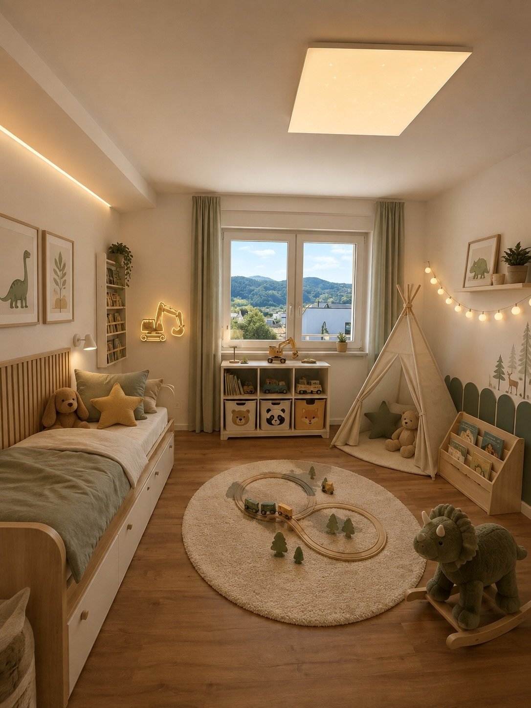 Kinderzimmer mit optimaler Raumaufteilung und großflächiger Deckenbeleuchtung Kinderzimmer mit optimaler Raumaufteilung und großflächiger Deckenbeleuchtung