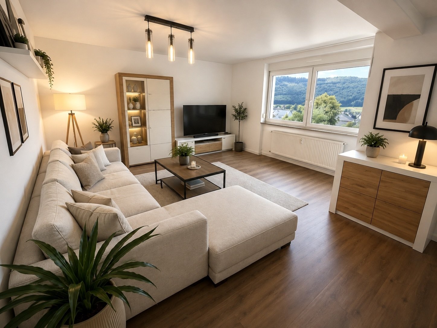 Wohnzimmer mit Panoramafenstern und offener Raumgestaltung Wohnzimmer mit Panoramafenstern und offener Raumgestaltung
