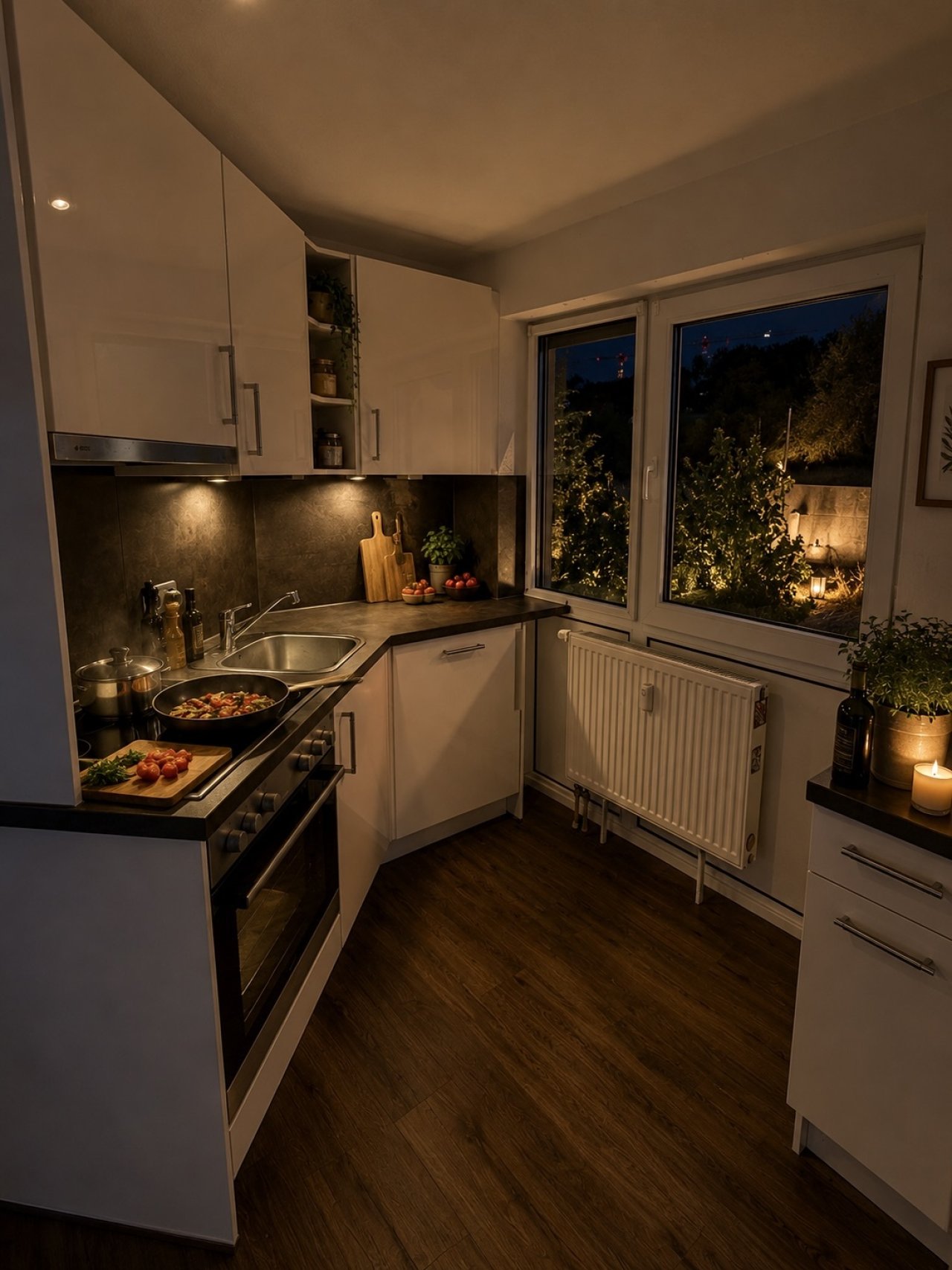 Moderne Küche mit intelligenter Raumnutzung und Fensterfront Moderne Küche mit intelligenter Raumnutzung und Fensterfront