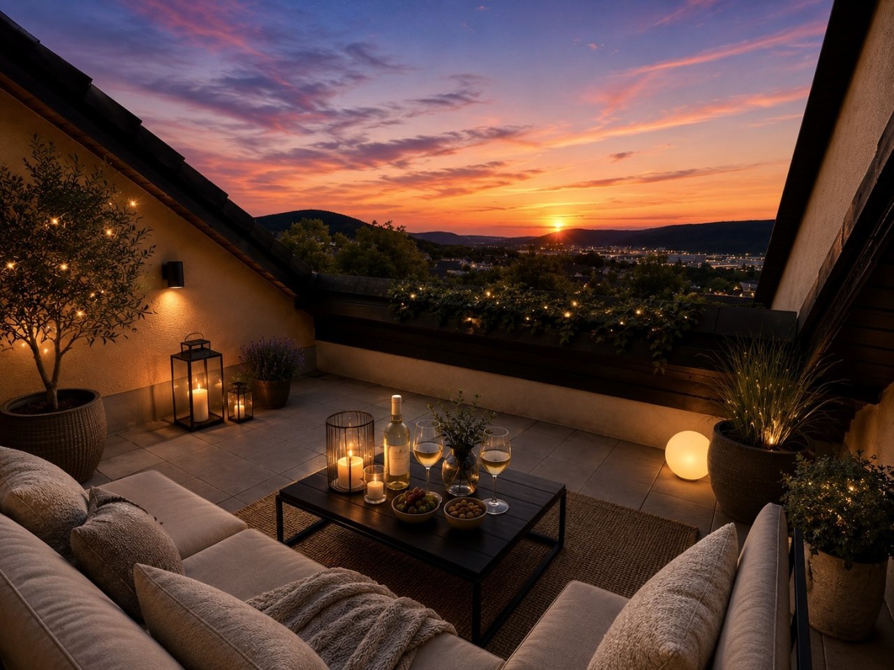 Dachterrasse mit Panoramablick und hochwertiger Außenausstattung Dachterrasse mit Panoramablick und hochwertiger Außenausstattung