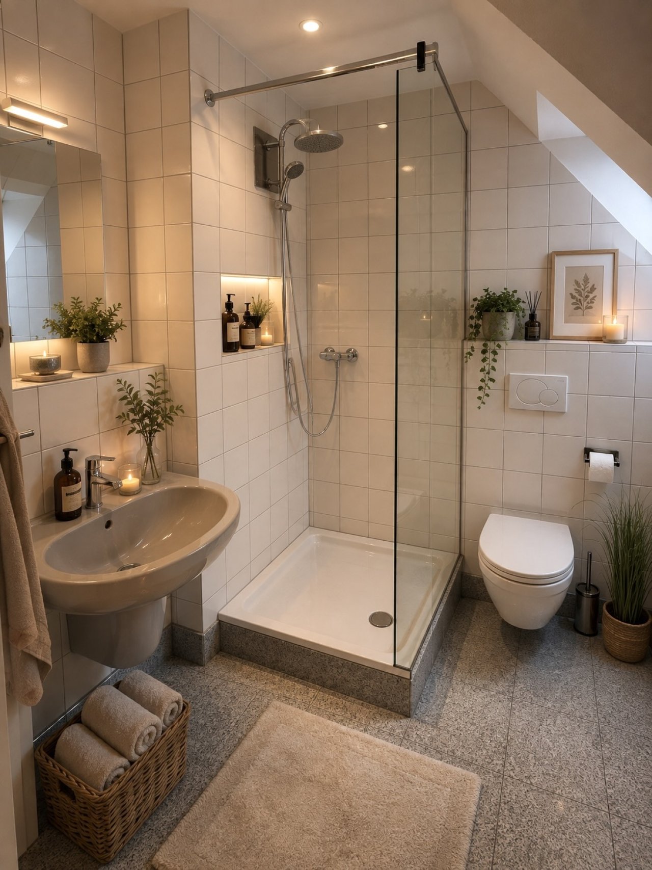 Modernes Badezimmer mit begehbarer Dusche und intelligenter Nischenlösung Modernes Badezimmer mit begehbarer Dusche und intelligenter Nischenlösung