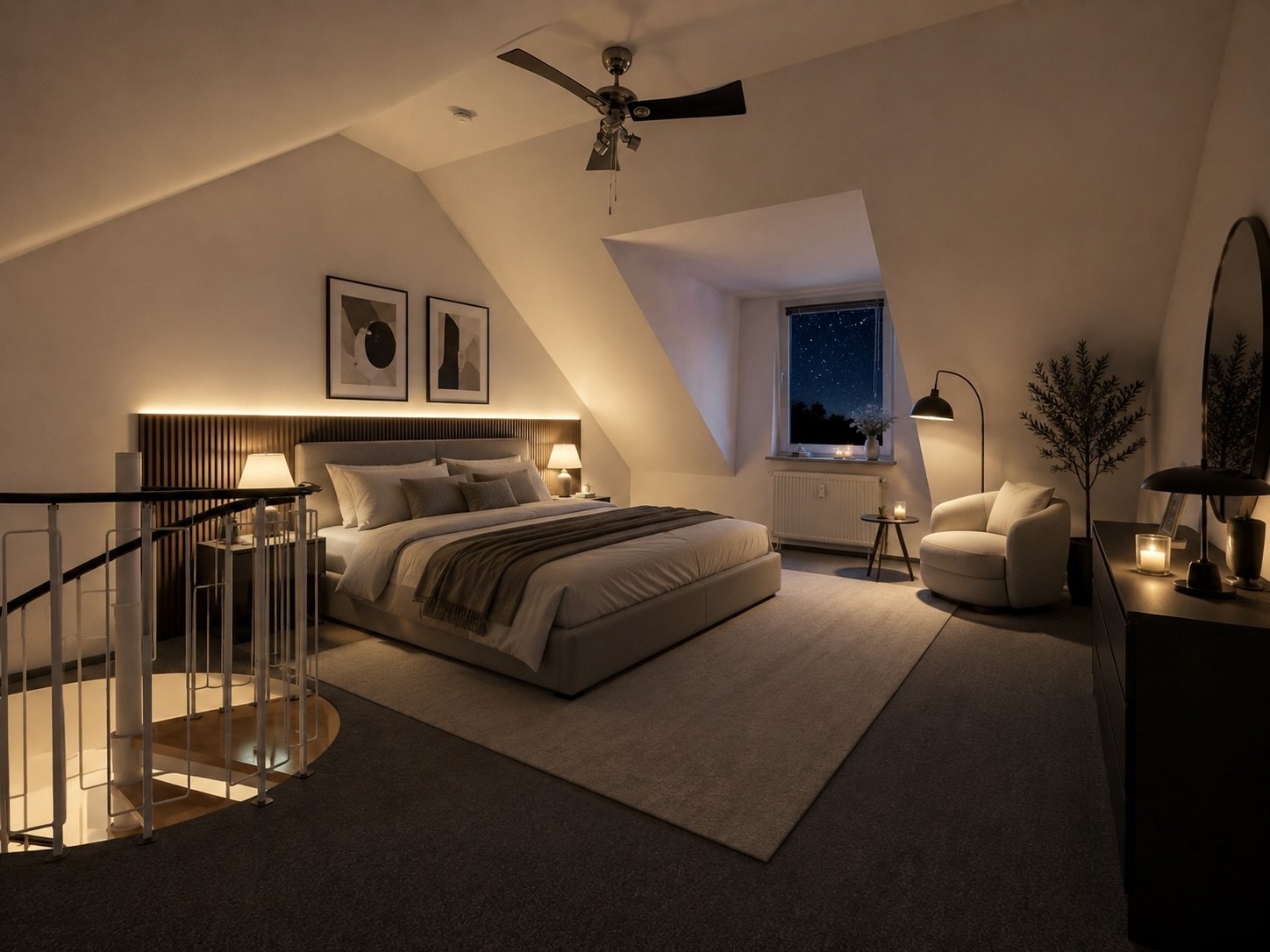 Dachschlafzimmer mit raumhohen Dachschrägen und integrierter Beleuchtung Dachschlafzimmer mit raumhohen Dachschrägen und integrierter Beleuchtung