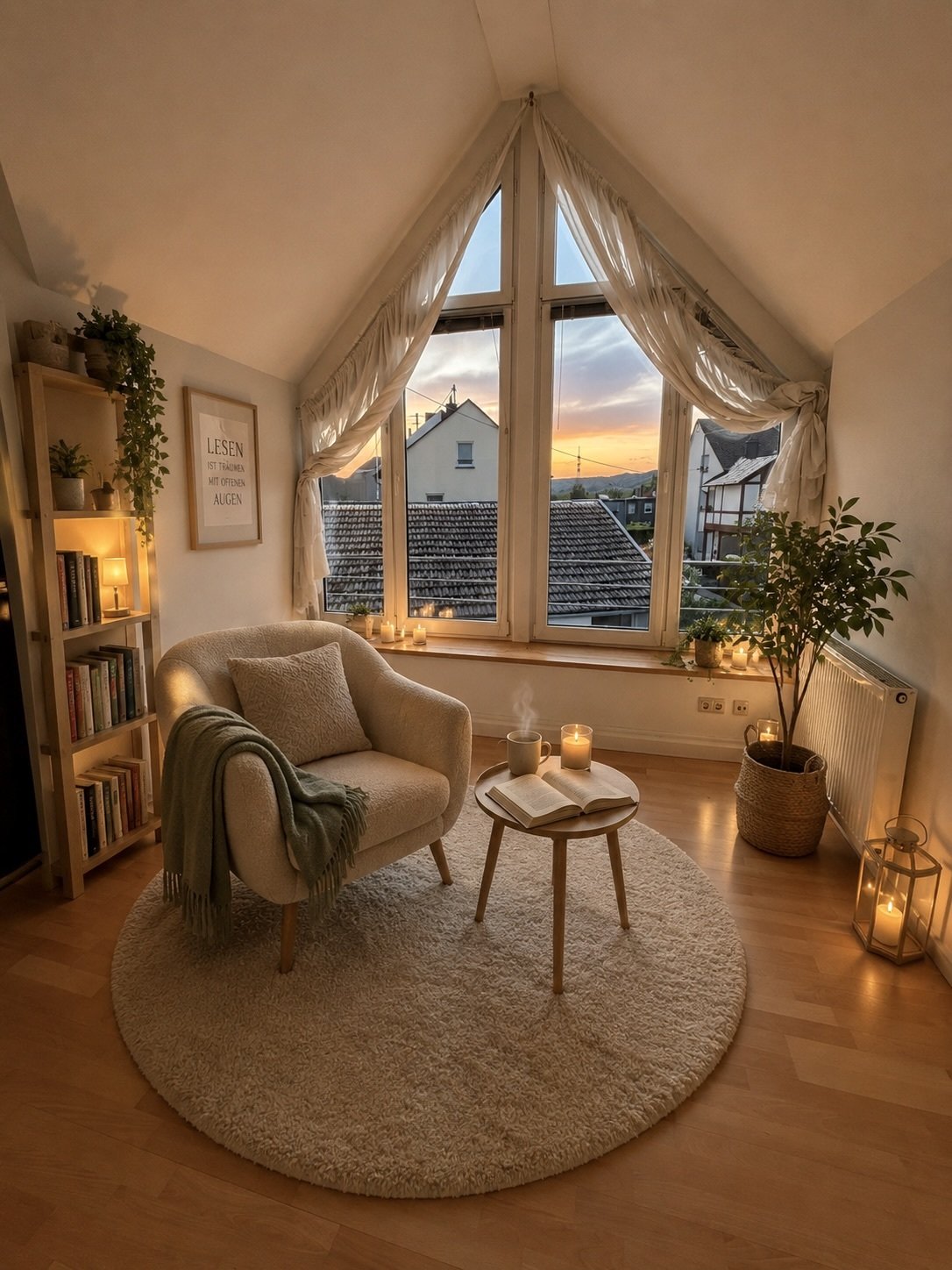 Leseecke unterm Dach mit Panoramafenster und Ausblick
