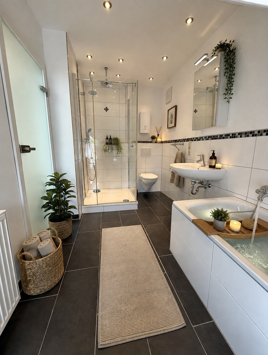 Modernes Badezimmer mit begehbarer Dusche und Doppelwaschbecken