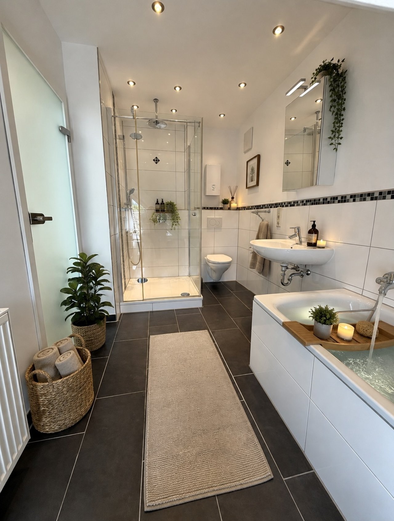 Modernes Badezimmer mit begehbarer Dusche und Doppelwaschbecken