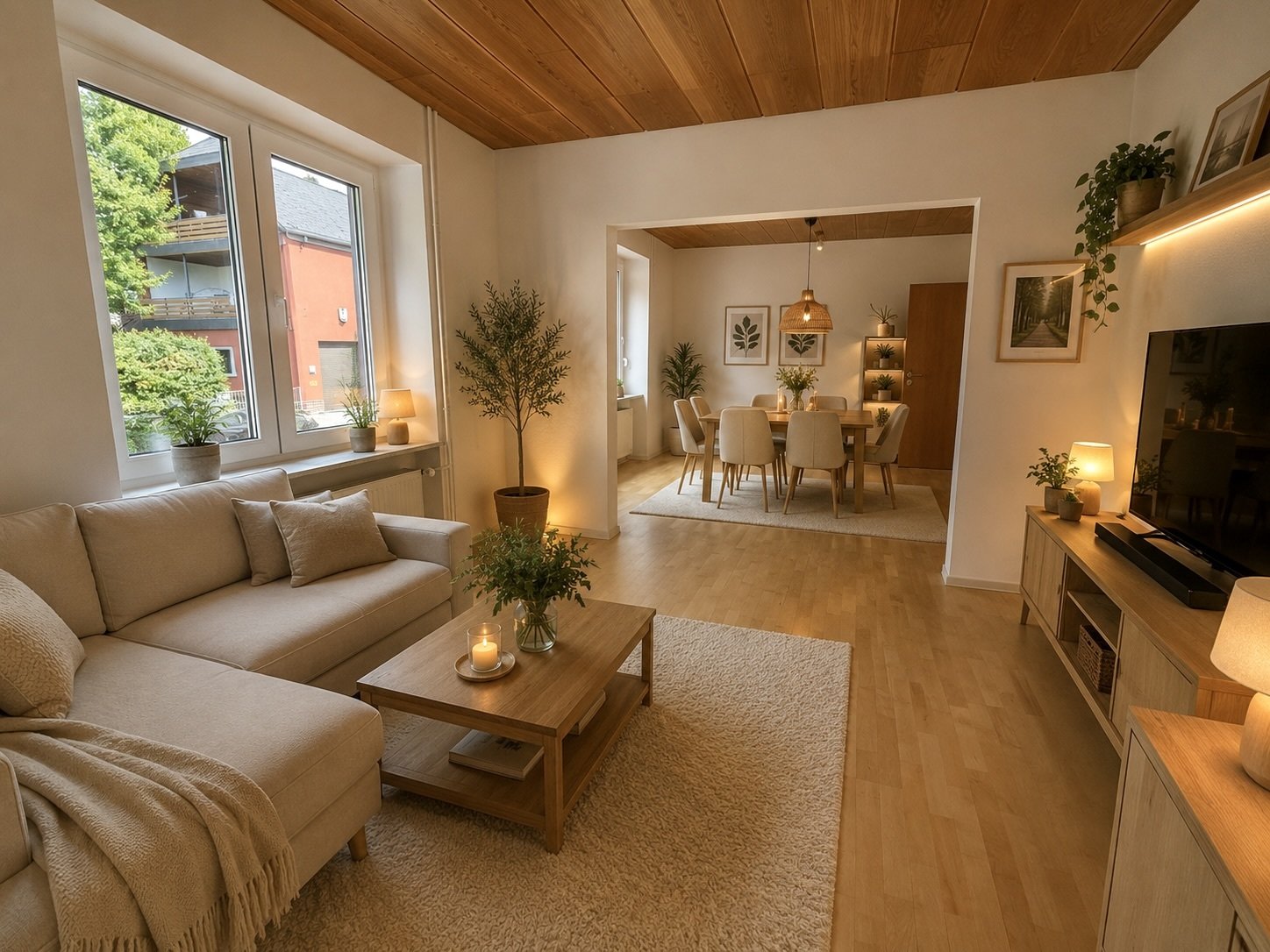 Wohnzimmer mit offener Raumverbindung und Holzdecke