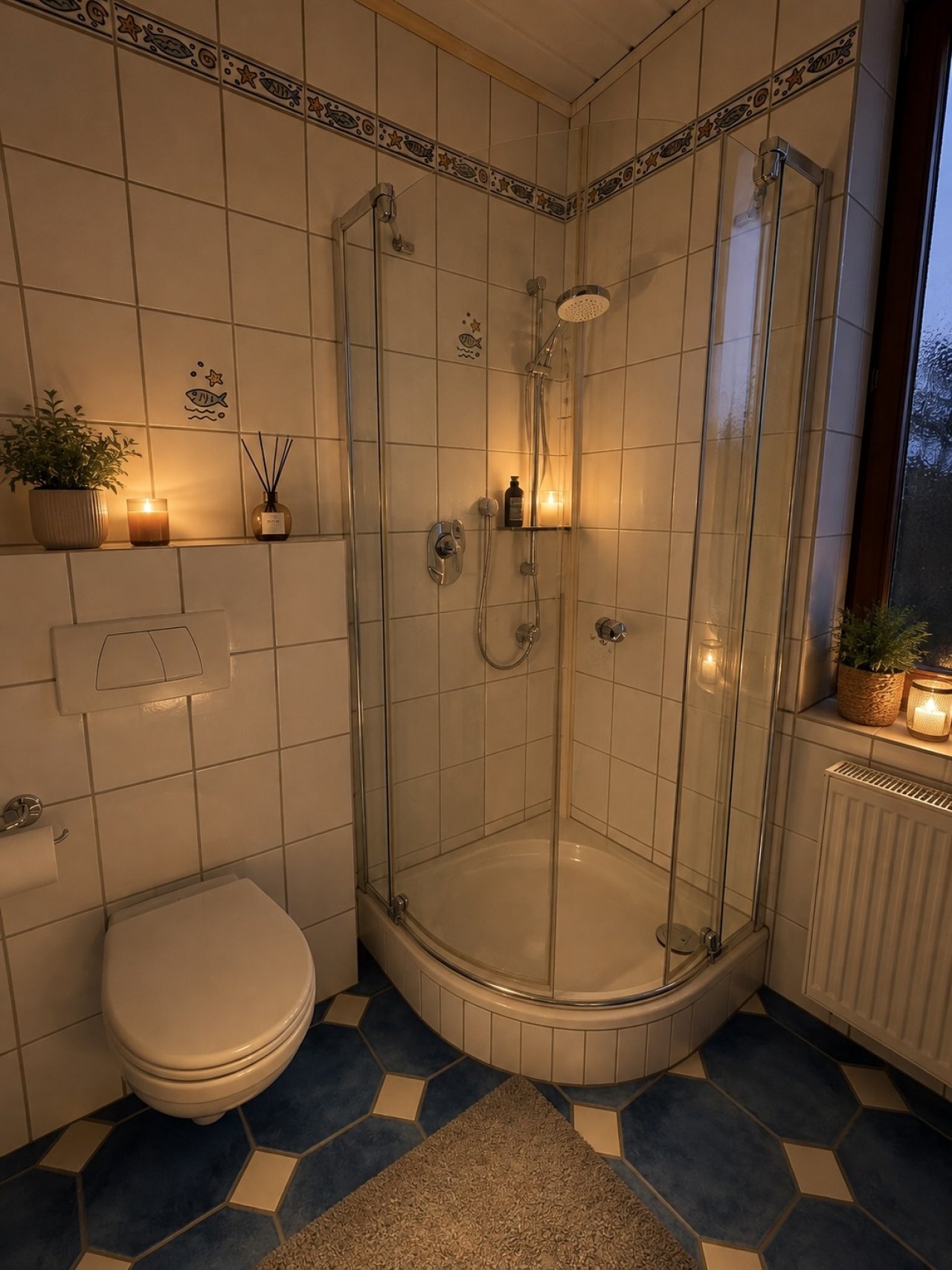 Modernes Badezimmer mit bodengleicher Dusche und praktischer Raumaufteilung