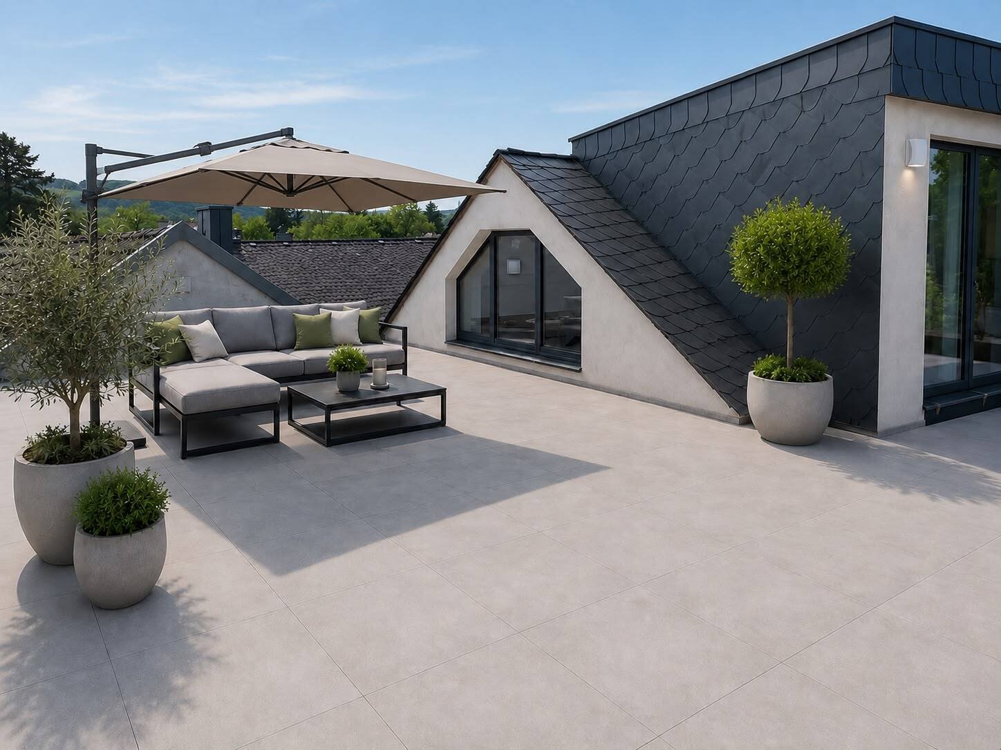 Dachterrasse mit Panoramablick und modernem Anbau Dachterrasse mit Panoramablick und modernem Anbau