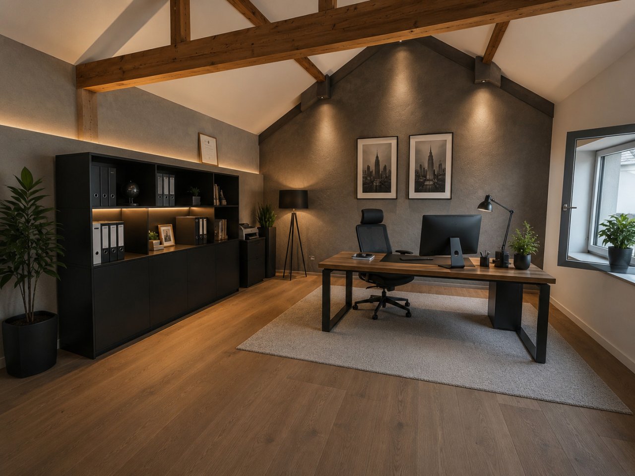 Homeoffice mit Spitzendachkonstruktion und indirekter Beleuchtung Homeoffice mit Spitzendachkonstruktion und indirekter Beleuchtung