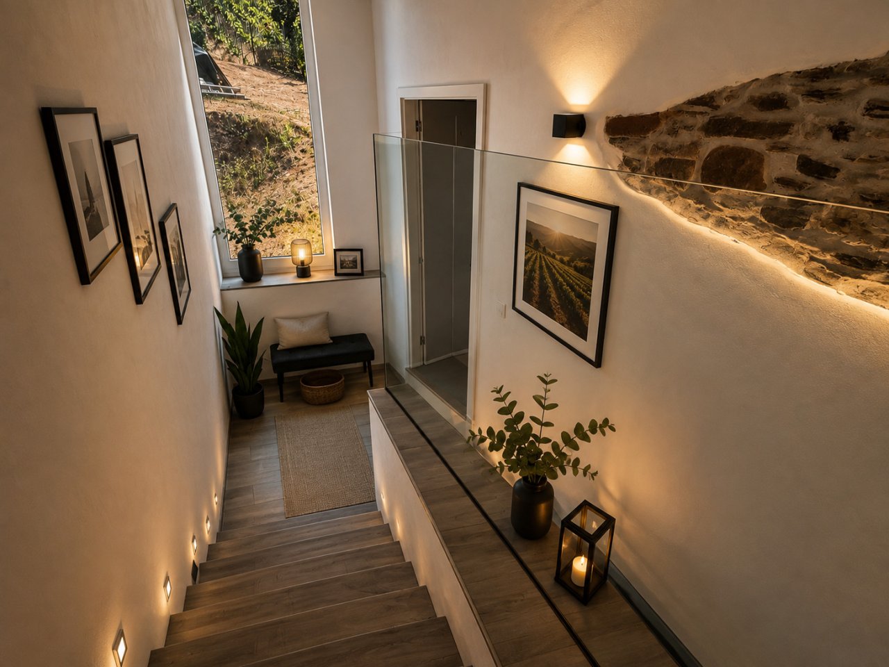 Eleganter Treppenaufgang mit indirekter Beleuchtung und Natursteinwand Eleganter Treppenaufgang mit indirekter Beleuchtung und Natursteinwand