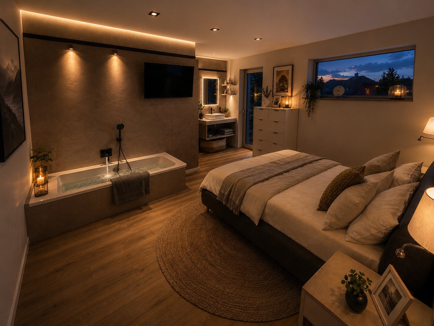 Luxus-Schlafzimmer mit integriertem Spa-Bereich und Panoramafenstern Luxus-Schlafzimmer mit integriertem Spa-Bereich und Panoramafenstern
