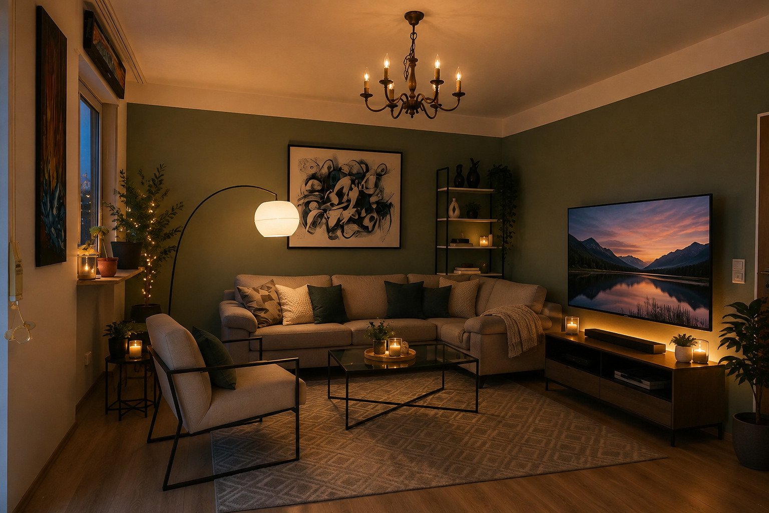 Wohnzimmer mit hochwertiger Deckenleuchte und optimaler Raumaufteilung Wohnzimmer mit hochwertiger Deckenleuchte und optimaler Raumaufteilung