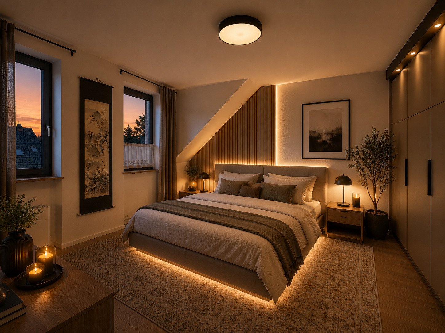 Hauptschlafzimmer mit indirekter Beleuchtung und Dachschrägengestaltung Hauptschlafzimmer mit indirekter Beleuchtung und Dachschrägengestaltung