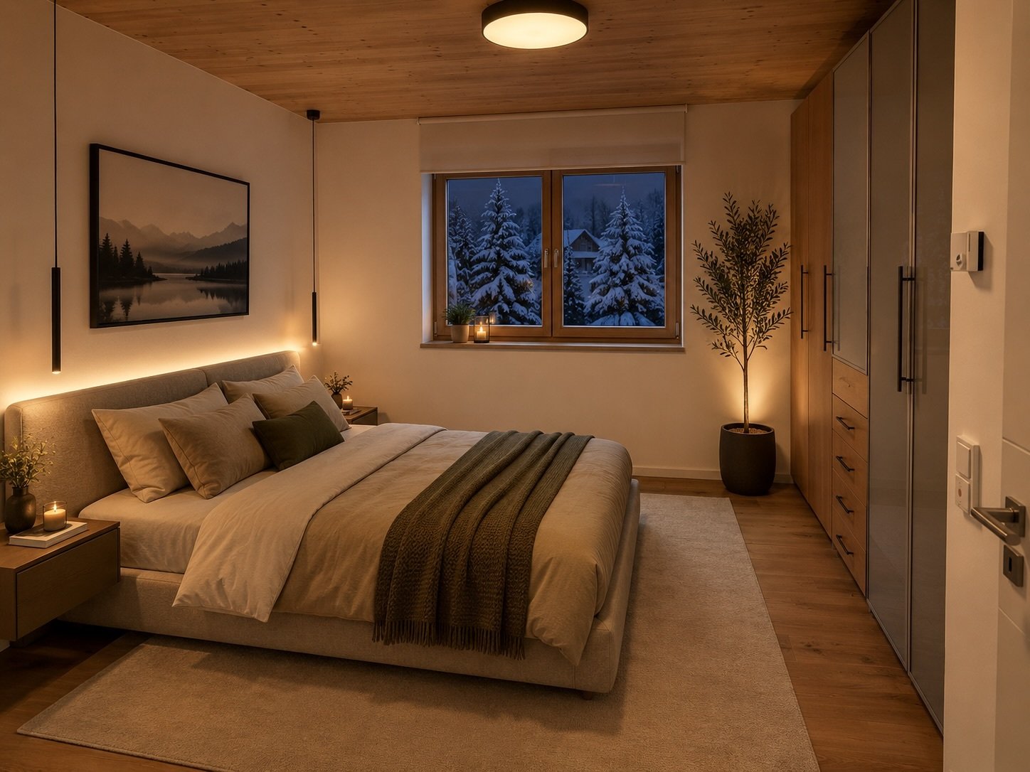 Schlafzimmer mit indirekter LED-Beleuchtung und großflächigen Fenstern