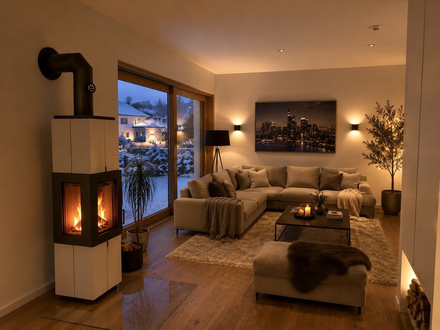 Wohnzimmer mit Kaminofen, Panoramaverglasung und indirekter LED-Deckenbeleuchtung