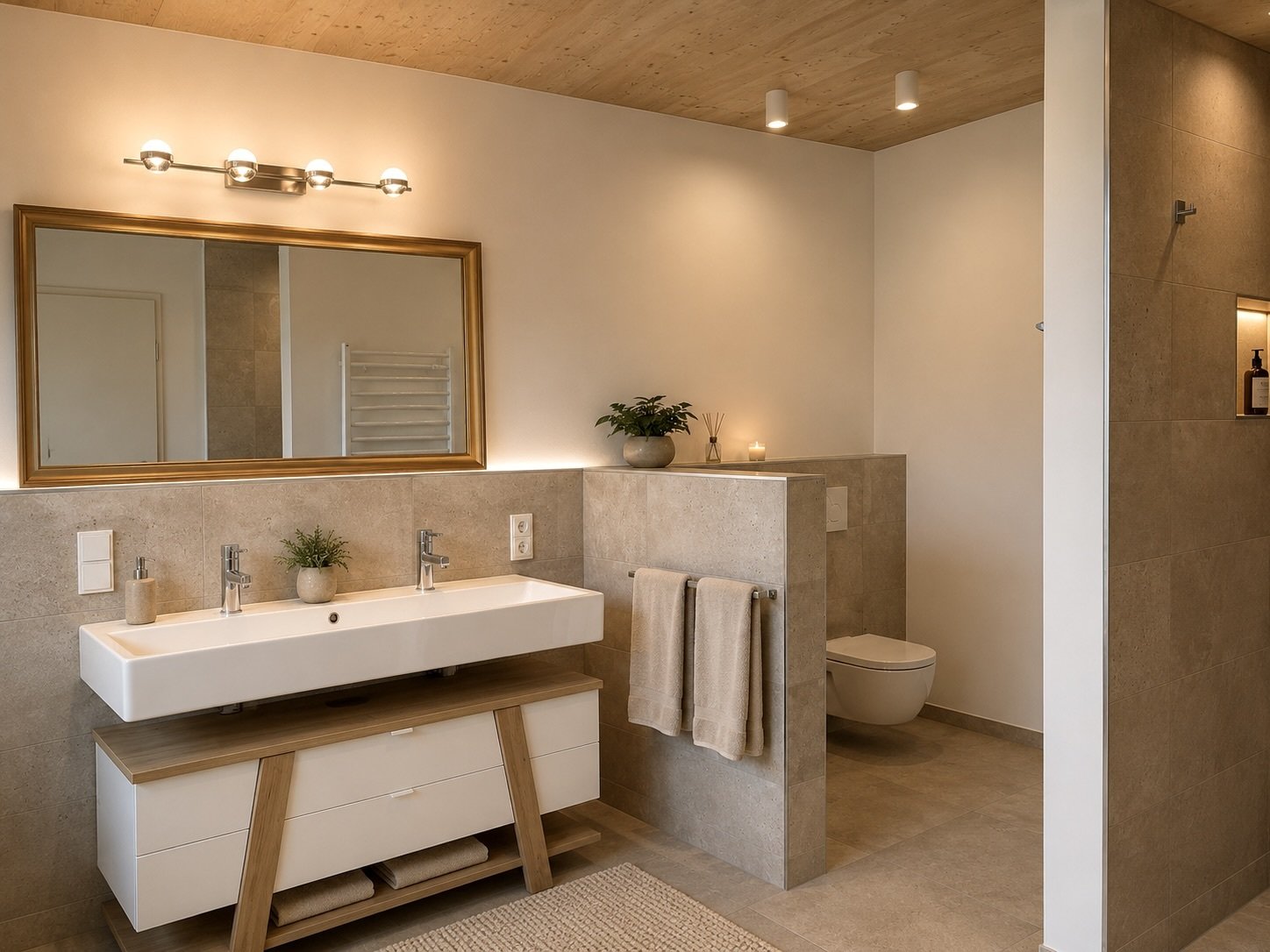 Exklusives Badezimmer mit Doppelwaschtisch, begehbarer Dusche und Korkdecke