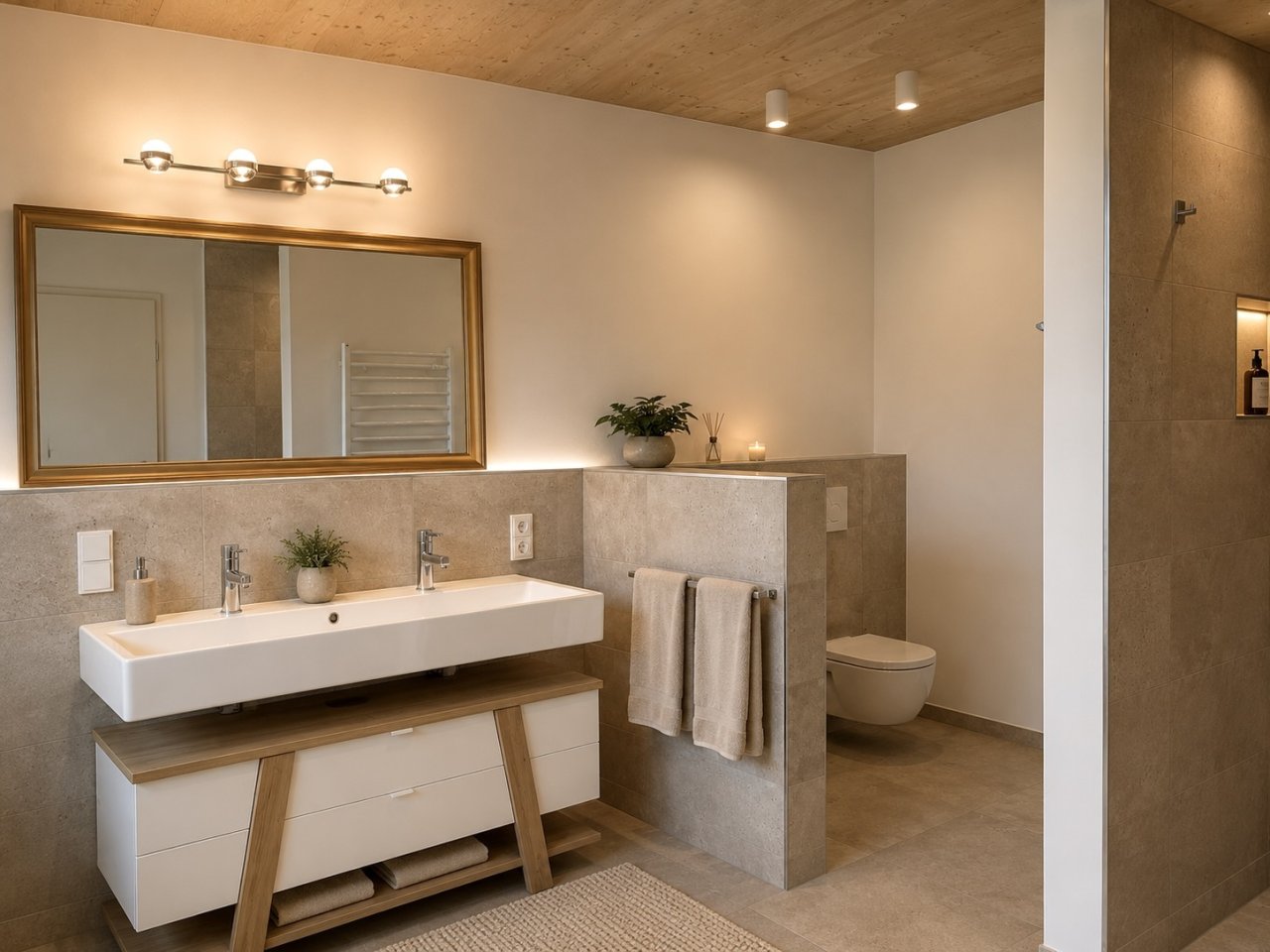 Exklusives Badezimmer mit Doppelwaschtisch, begehbarer Dusche und Korkdecke