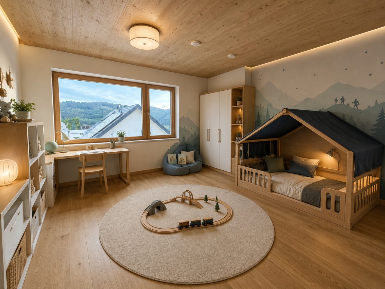 Kinderzimmer mit Panoramafenstern und durchdachtem Raumkonzept