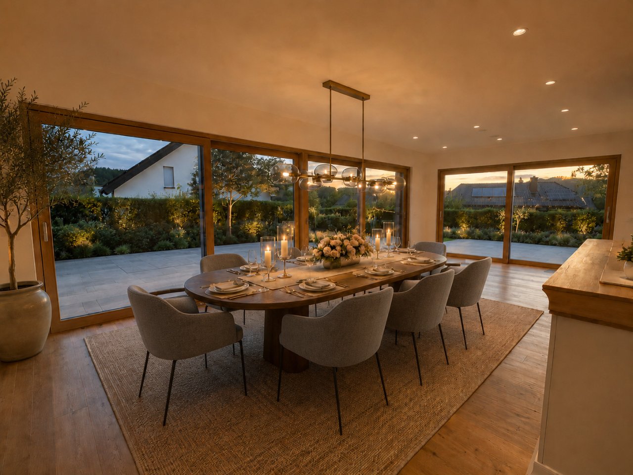 Speisezimmer mit Panoramaverglasung und direktem Terrassenzugang