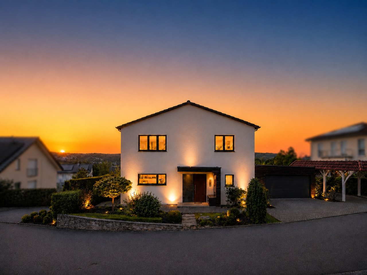Moderne Architektur mit professioneller Außenbeleuchtung und gepflegtem Grundstück