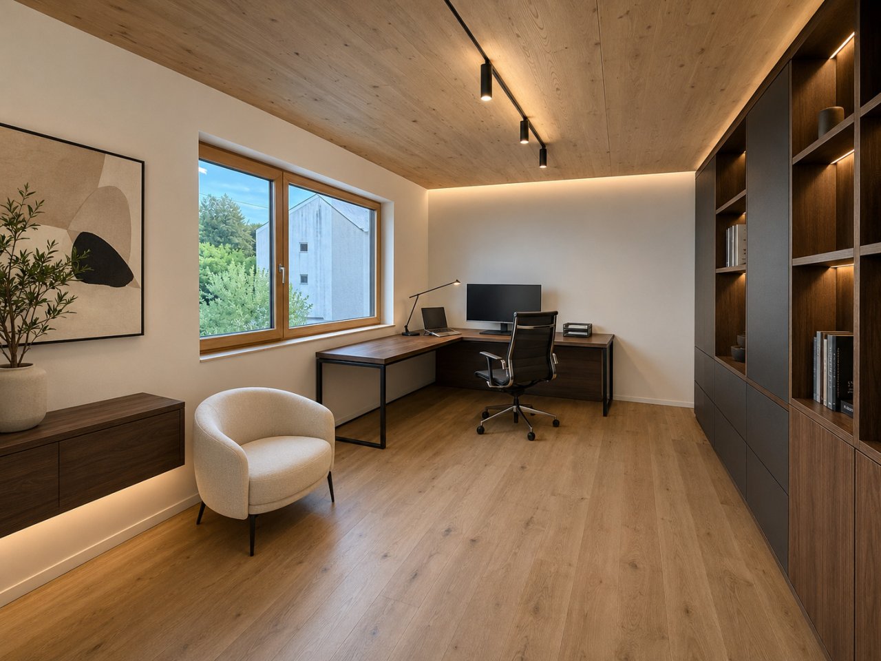 Modernes Arbeitszimmer mit Panoramafenstern und integrierter Stauraum-Lösung