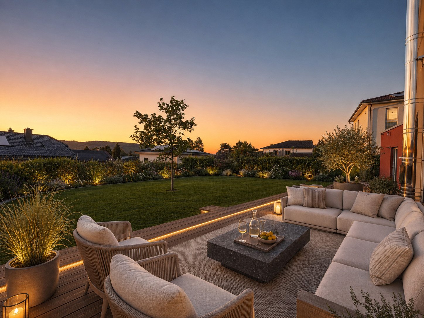 Terrassenbereich mit integrierter Beleuchtung und Weitblick ins Grüne