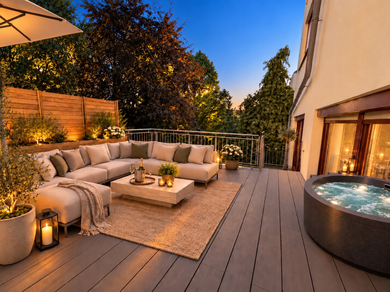 Großzügige Dachterrasse mit integriertem Whirlpool und Stahlgeländer Großzügige Dachterrasse mit integriertem Whirlpool und Stahlgeländer