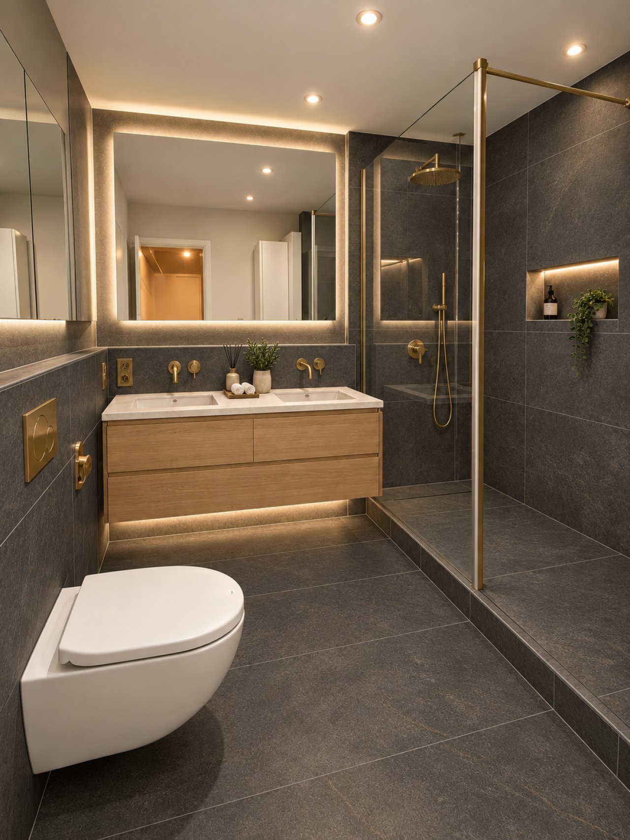 Modernes Badezimmer mit begehbarer Dusche und Doppelwaschtisch Modernes Badezimmer mit begehbarer Dusche und Doppelwaschtisch