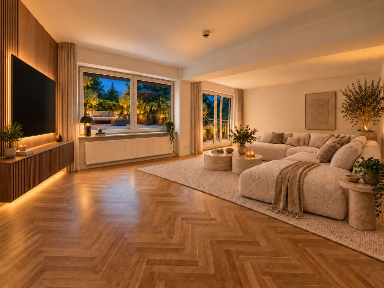 Wohnzimmer mit Panoramafenstern und direktem Terrassenzugang Wohnzimmer mit Panoramafenstern und direktem Terrassenzugang