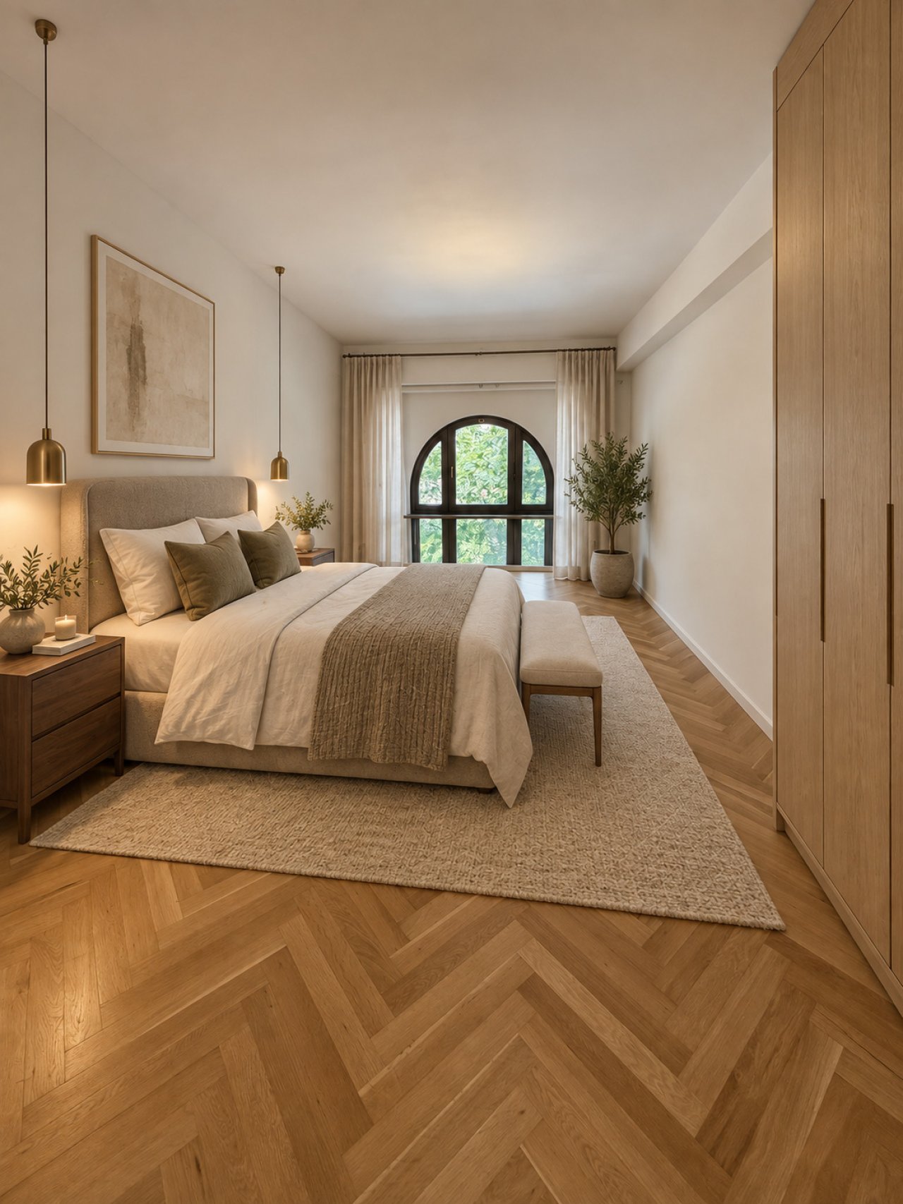 Hauptschlafzimmer mit Bogenfenster und begehbarem Kleiderschrank Hauptschlafzimmer mit Bogenfenster und begehbarem Kleiderschrank