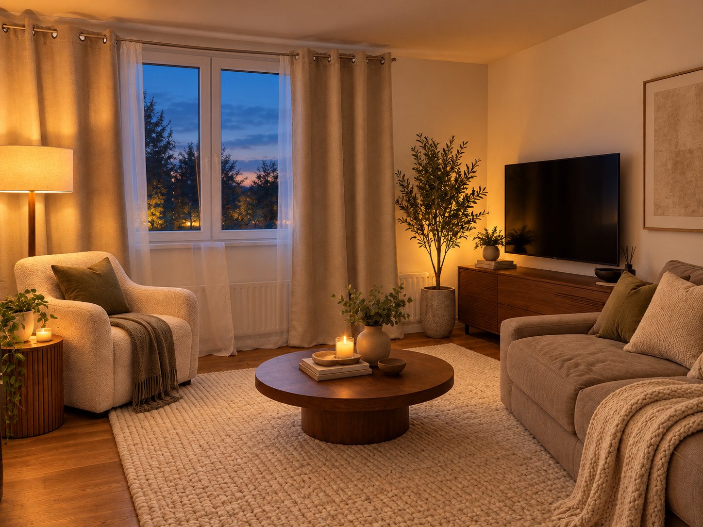 Helles Wohnzimmer mit Panoramafenstern und offener Raumgestaltung Helles Wohnzimmer mit Panoramafenstern und offener Raumgestaltung